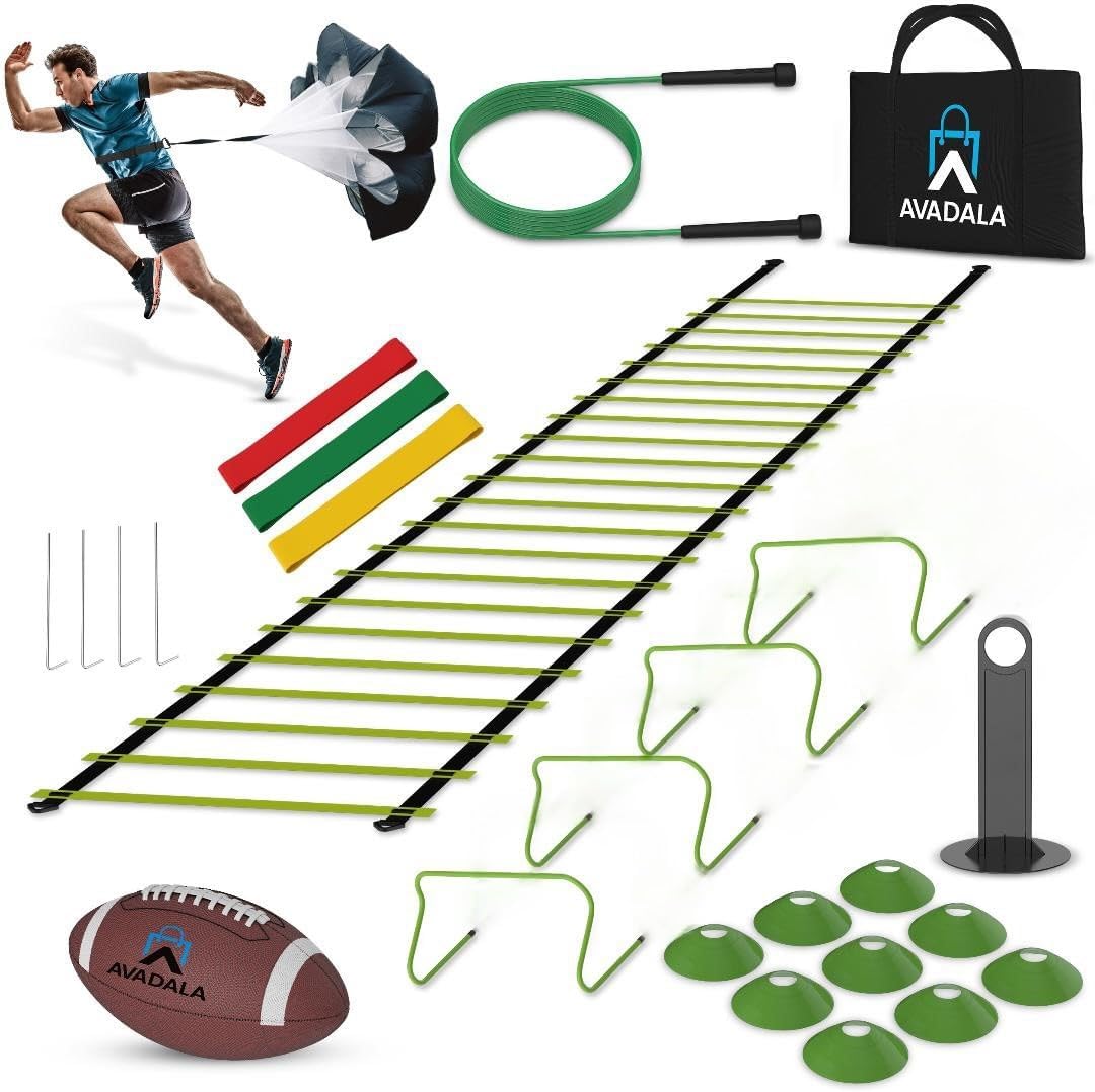 Speed & Agility Training Equipment – 22 Piece Set – Complete Football Practice Equipment Kit – Ladder, Hurdles, Cones, Parachute, Bands, Rope, and Carry Bag – Soccer & Football Drill Equipment