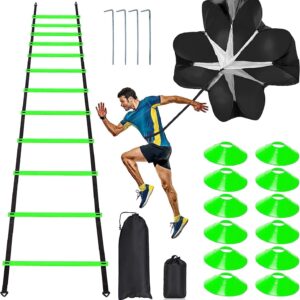 Pro Speed & Agility Training Set—Includes 12 Rung 20ft Adjustable Agility Ladder with Carrying Bag, 12 Disc Cones, 4 Steel Stakes, 1 Resistance Parachute, Use Equipment to Improve Footwork Any Sport