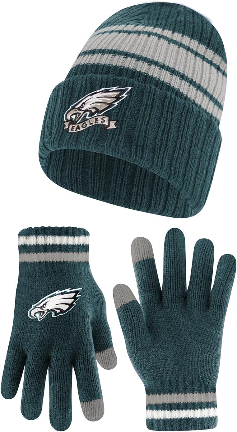 Ultra Game Youth NFL Official Super Soft Team Stripe Winter Beanie Knit Hat with Extra Warm Touch Screen Gloves