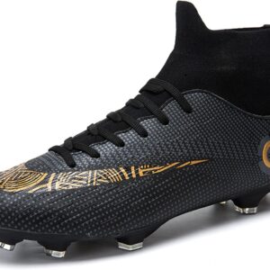 HHY Men’s Soccer Shoes Football Cleats with Lace-Up High-Tops Non-Slip Spikes