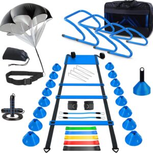 Agility Training Equipment, Football Training Equipment Includes 20FT Agility Ladder,4 Adjustable Agility Hurdles, 16 Football Cones, Parachute, for Training Soccer Basketball Athletes