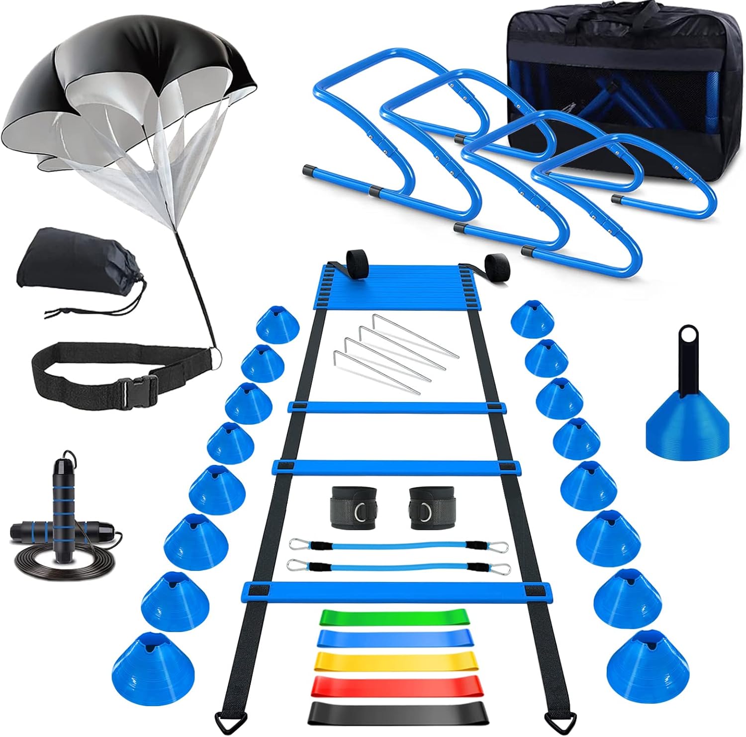 Agility Training Equipment, Football Training Equipment Includes 20FT Agility Ladder,4 Adjustable Agility Hurdles, 16 Football Cones, Parachute, for Training Soccer Basketball Athletes