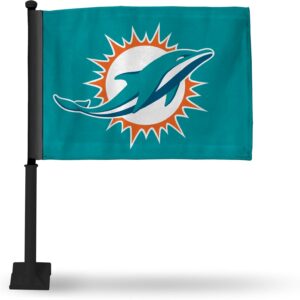 Rico Industries NFL Football Miami Dolphins Primary Double Sided Car Flag with Black Pole – 16″ x 19″ – Strong Pole That Hooks onto Car/Truck/Automobile