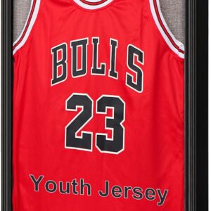 IHEIPYE Kids Jersey Frame Display Case Lockable, Sport Jersey Shadow Box with 98% UV Protection Acrylic and Hanger for Baseball Basketball Football Soccer and Uniform, Small-Black Linen