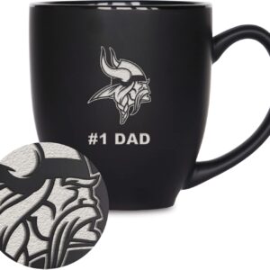 Rico Industries NFL Football #1 Dad 15oz Laser Engraved Matte Black Ceramic Bistro Mug – for Hot or Cold Drinks