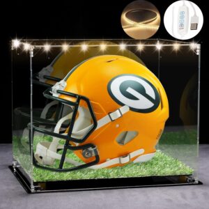 Football Helmet Display Case Full Size with 3 Modes LED Lights, Mirrored Back, Acrylic Dust and UV Protection Display Case with Turf Base and Gold Risers – Ideal for Sports Memorabilia