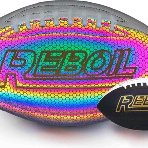 REBOIL Holographic Glowing Reflective Football (Size 7 Kids & Youth, Size 9 Junior & Pro) –Light Up with Camera Flash–Advance Reflective Composite Leather – HoloHoops Gifts Toys for Girls & Boys